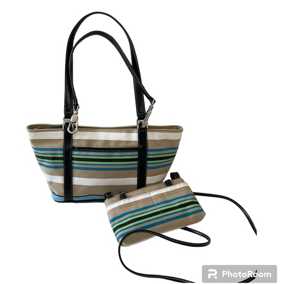 New Franco Sarto Blue Beige Stripe Tote & Mini Crossbody New With Tags Two Bags - Picture 1 of 16